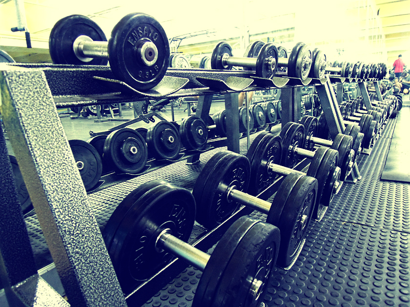 rows of black dumbbells stacked on the back of a conveyor belt