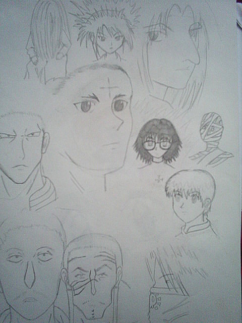 an illustration of various people faces, one drawn with a crayon pen
