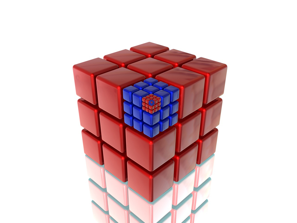 a red and blue cube sitting in the middle of some reflective surfaces
