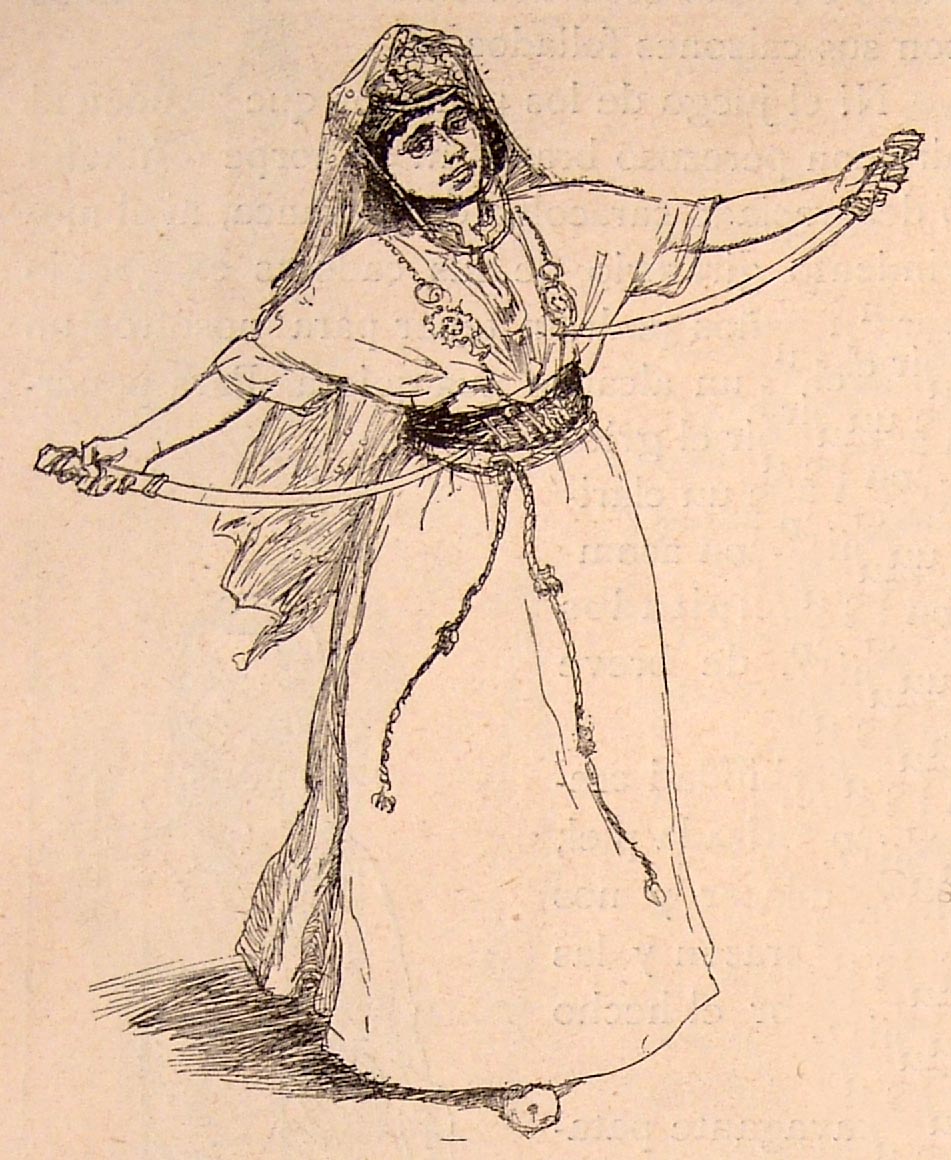 an ink drawing of a person in a dress and a head scarf