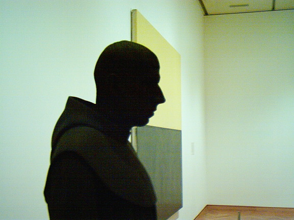 a man is standing in front of a painting