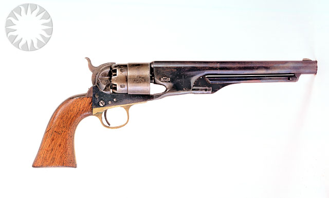 a colt rifle with a wooden frame on a white background