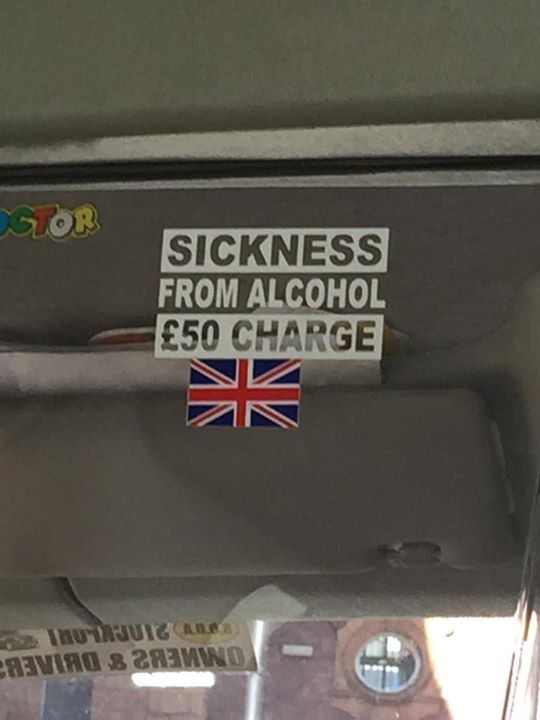 stickers on a vehicle's fuel tank that say sickness from alcohol and $ 50 charge