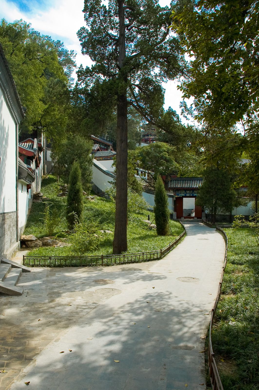 a view of a building and a path