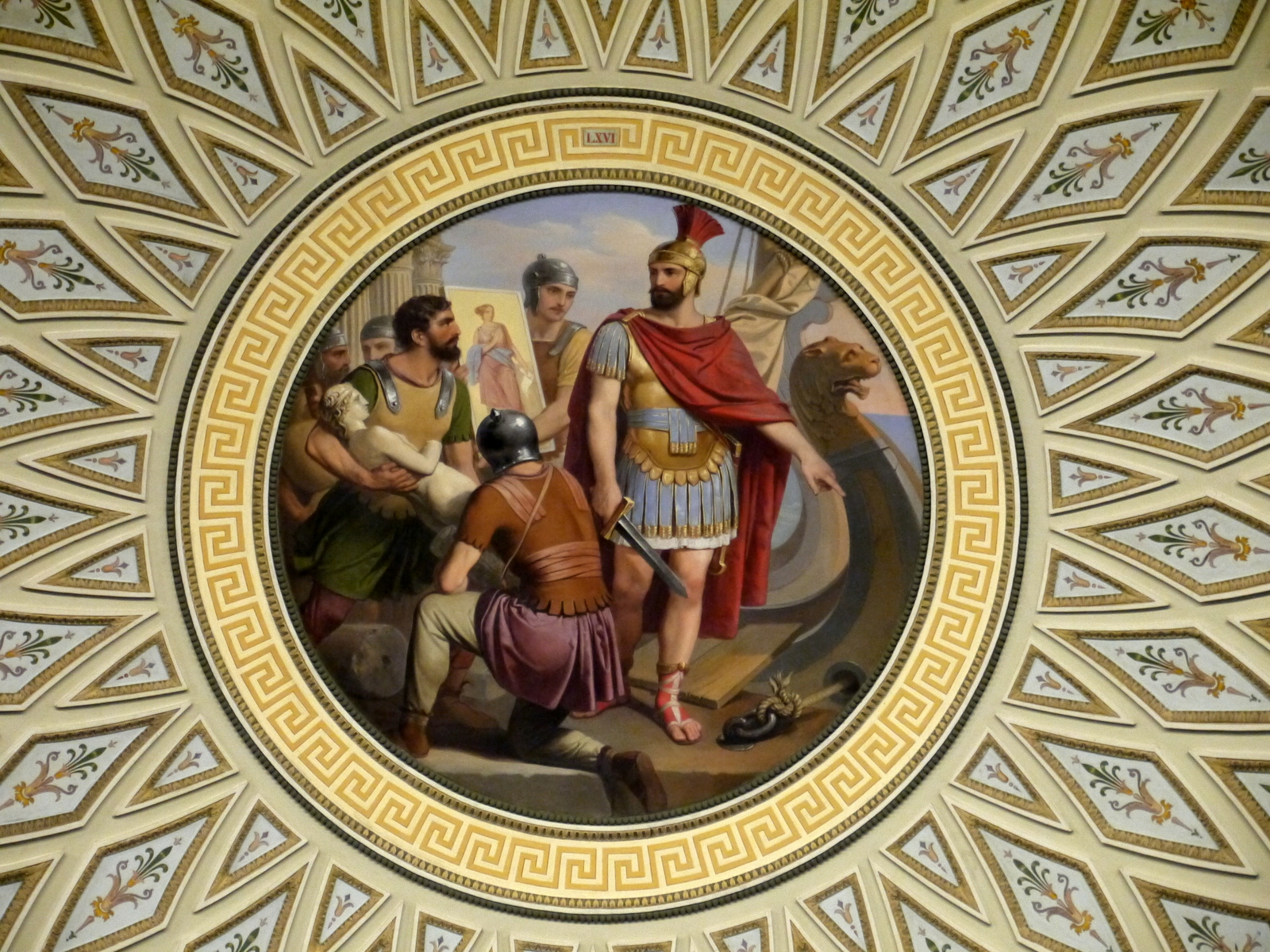 a painting depicting three ancient people sitting on a greek throne