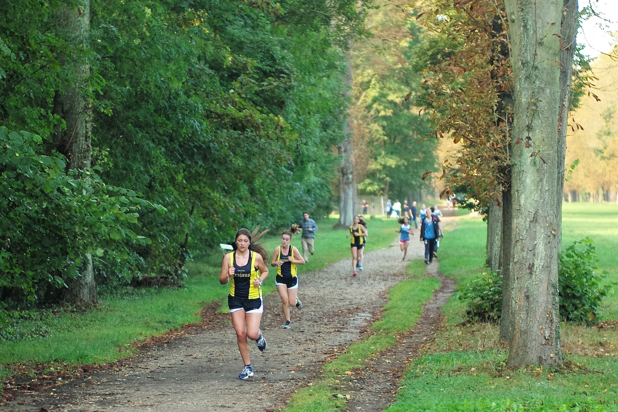 a group of people on a trail running