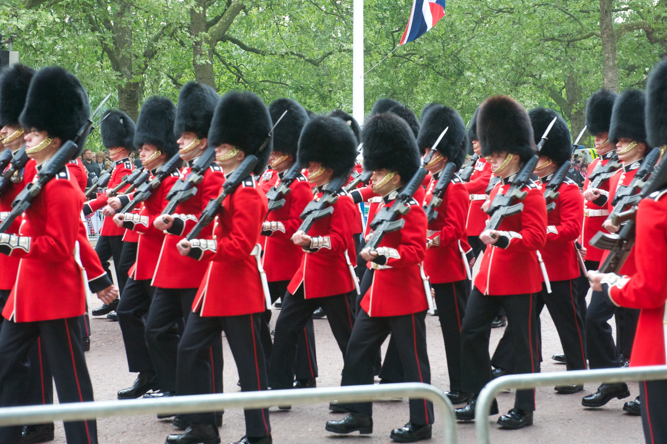 soldiers in red coats and black hats and tails march past spectators