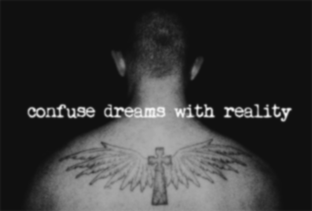 someone with a cross tattoo and the words confuse dreams with reality