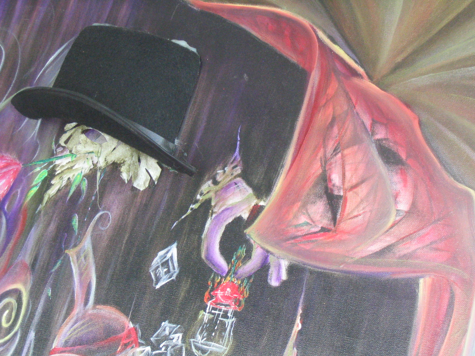 painting of a man in a hat holding flowers and a camera