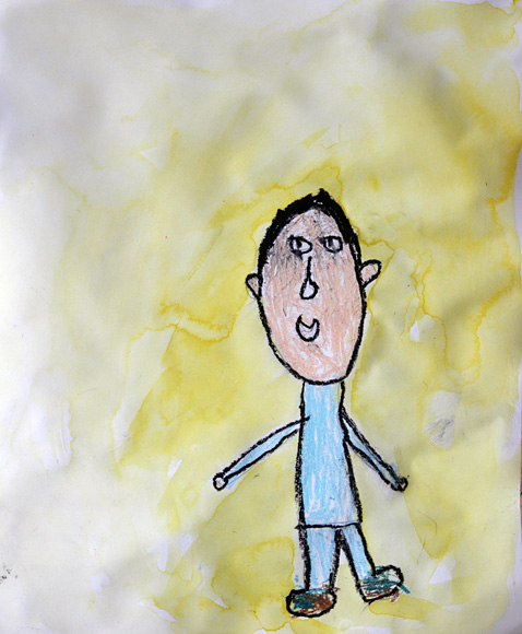 child's drawing of a man walking with short hair