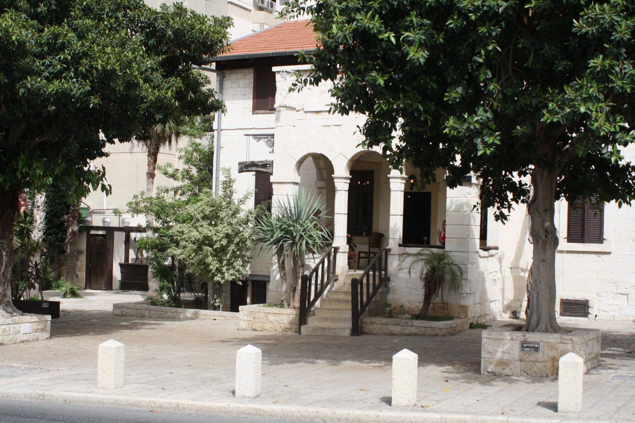 trees line the sidewalk in front of a white building