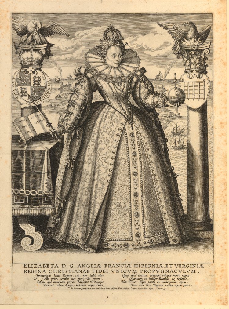 an old engraved image of a woman in a long dress