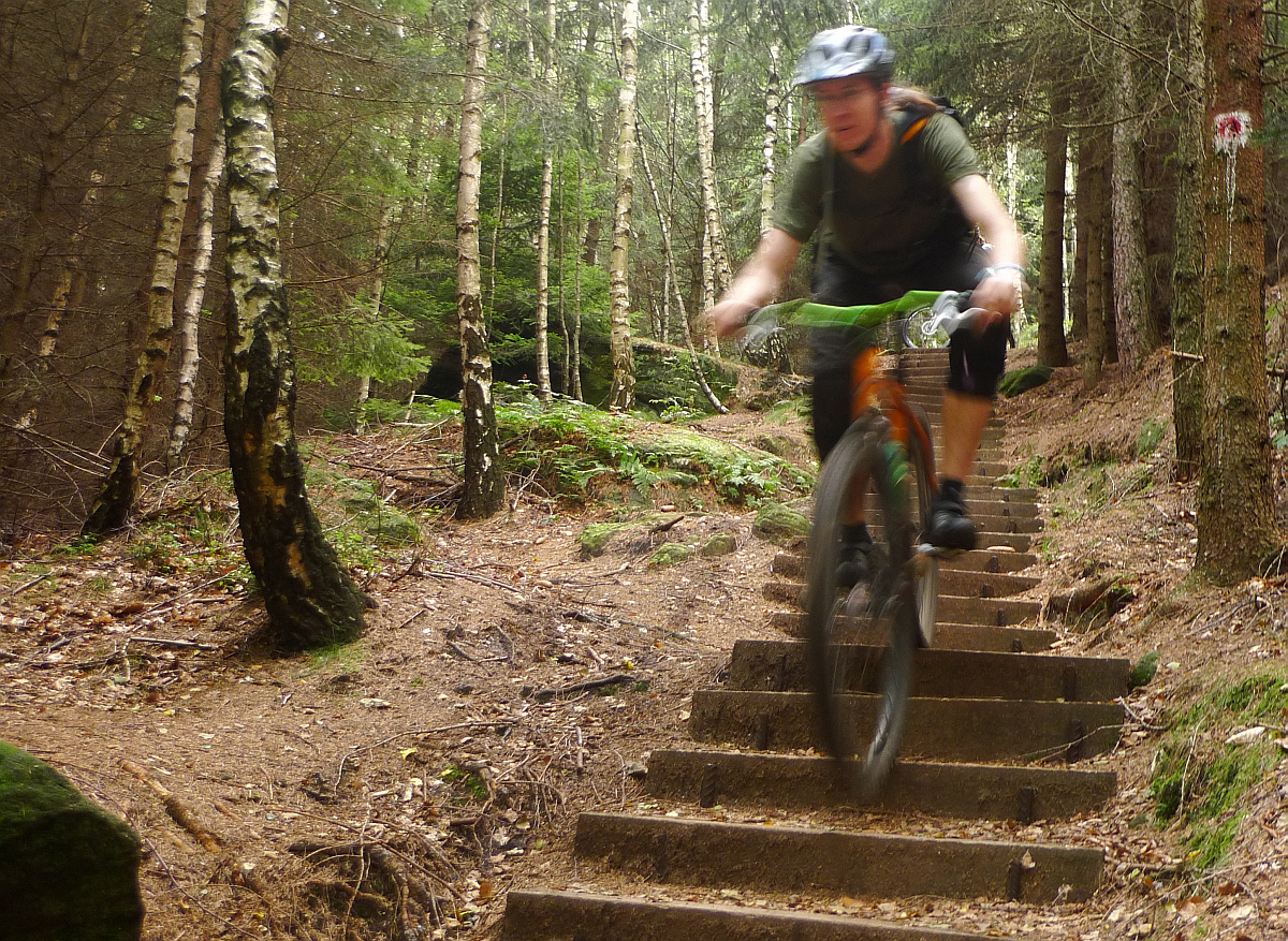 a man riding a bike down some stairs in the woods