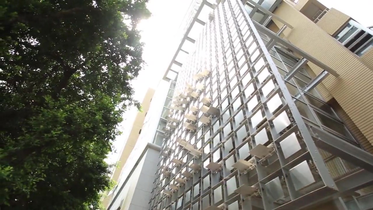 there is a building with many stairs and trees on each side