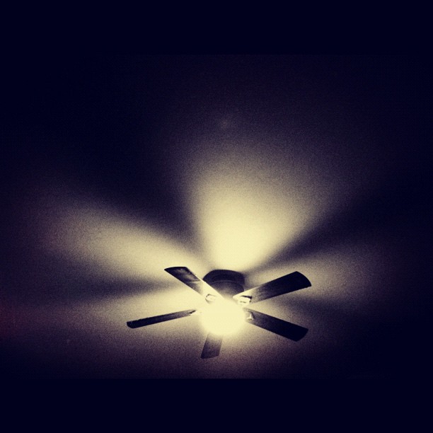 a ceiling fan that is lit on by a light