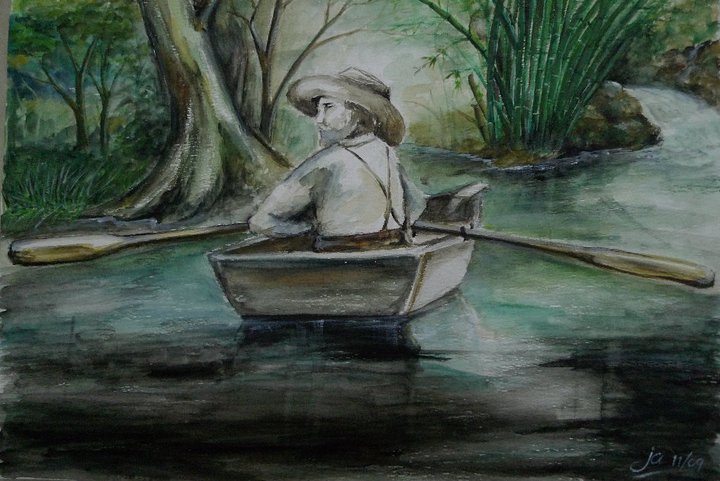 a drawing of a man sitting in a row boat