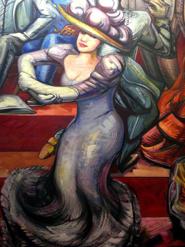 a painting of a woman in a blue dress and hat is next to other paintings