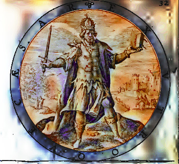 an old stained glass window of a warrior holding a sword