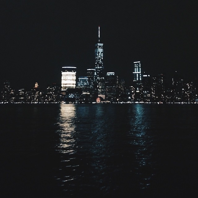 the view of the skyline and lake at night