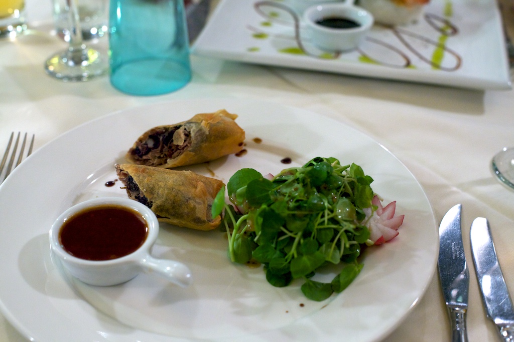 the plate is full of various food items