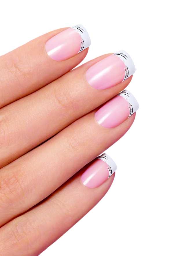 a hand with light pink and white nail polish