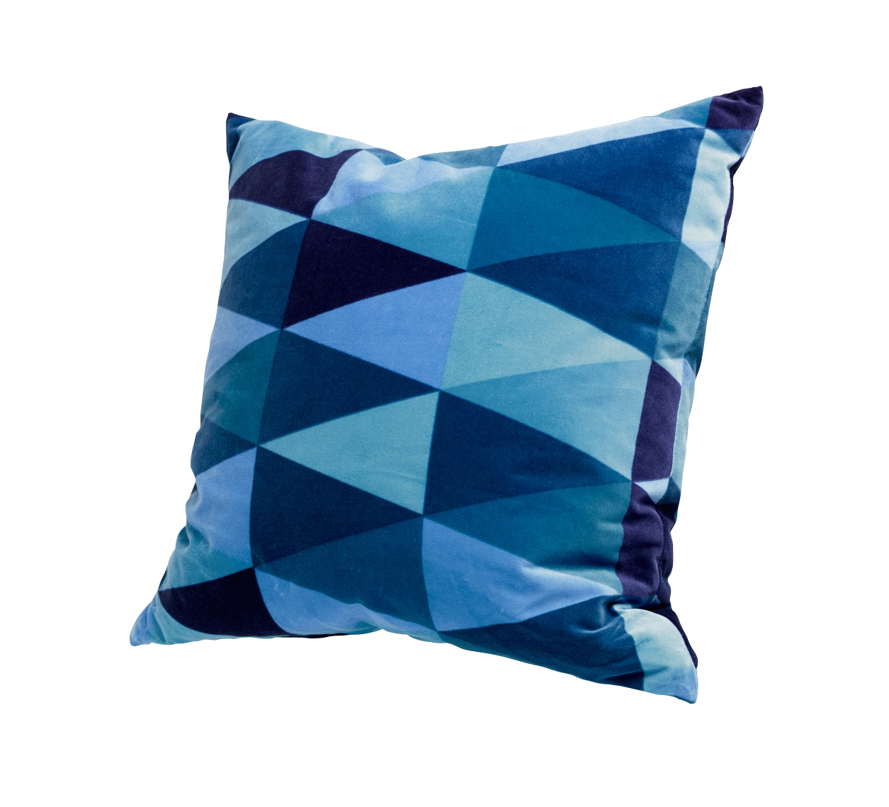 blue cushion cover with triangular design on a white background