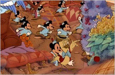 mickey mouse and his dancing group in front of a forest