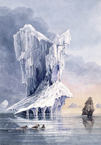 an artist painting of iceberg in the ocean with a boat
