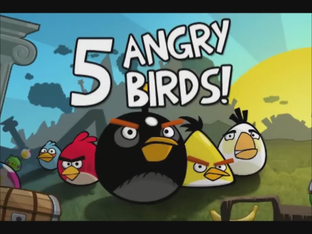 angry birds title image, with various angry birds standing in the middle