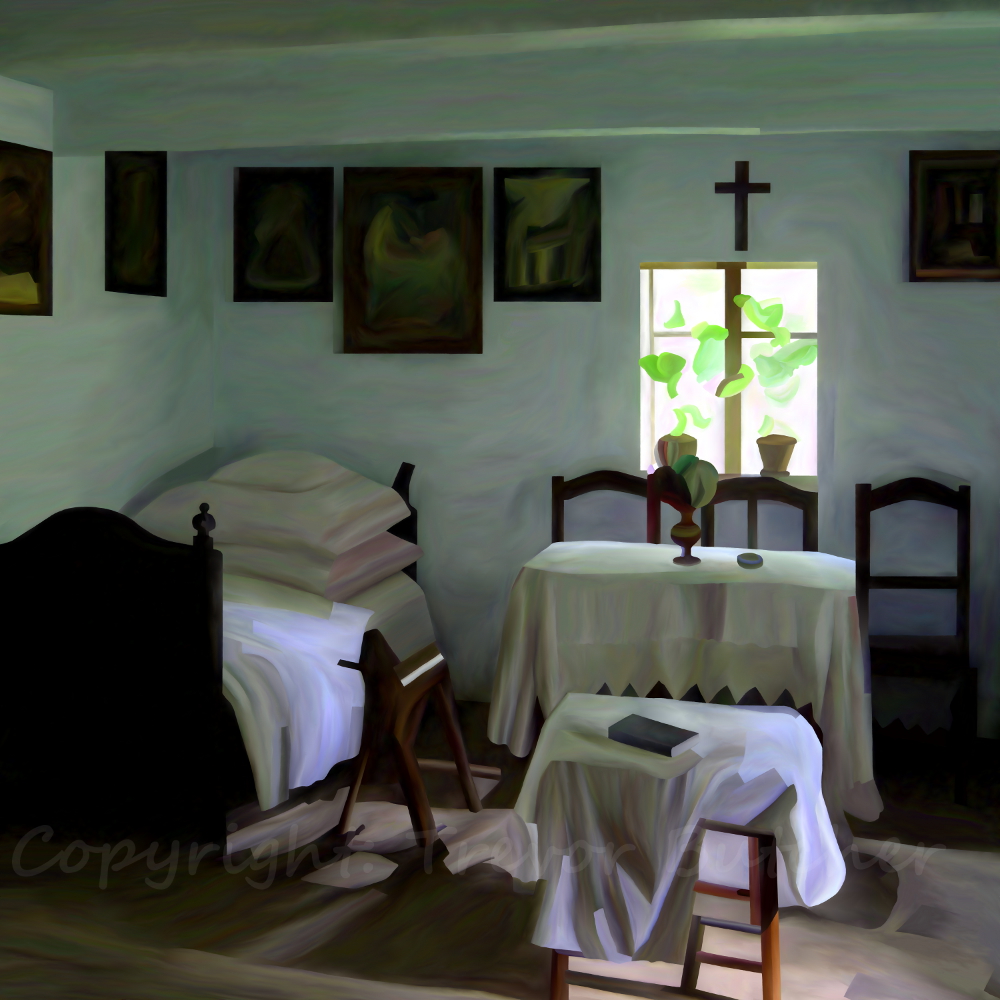 a painting of a small bedroom with two beds