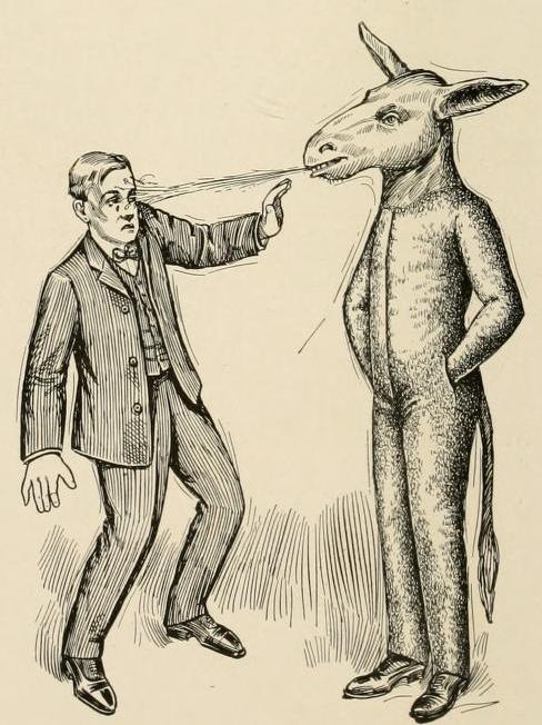 a drawing of two people facing each other with one person about to punch the donkey
