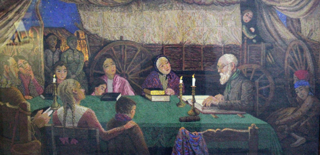 a tapestry painting depicting people seated at a table