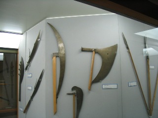 several metal scab like objects on display next to a window
