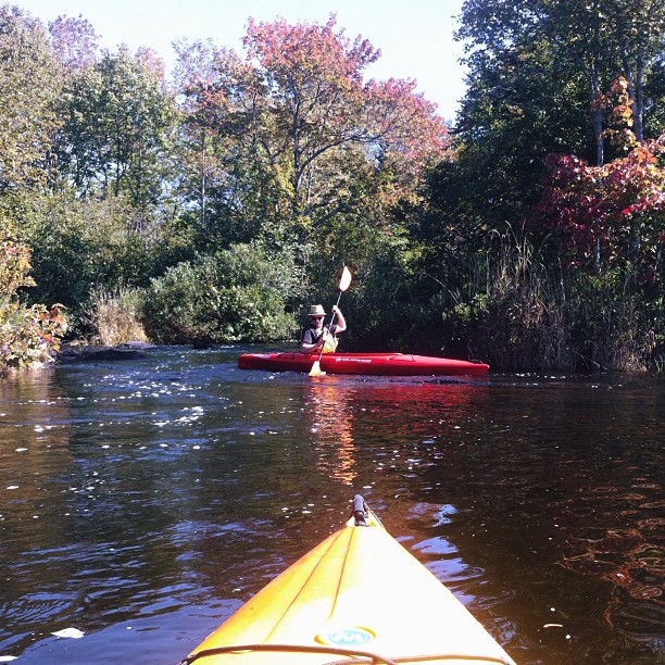 a person on a kayak is paddling along the water