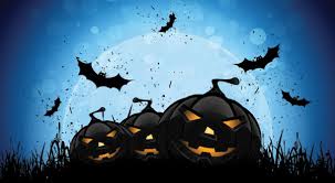 two pumpkins with bats flying in the background