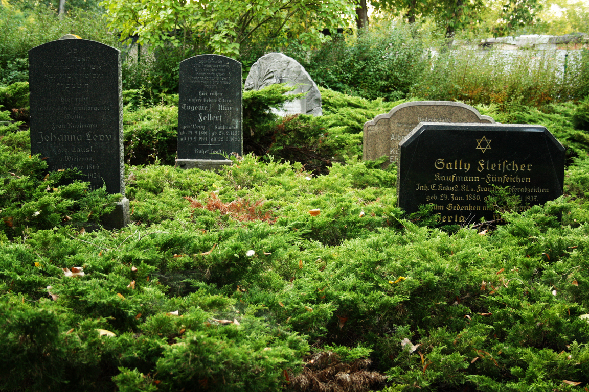 a cemetery with graves, trees and shrubs