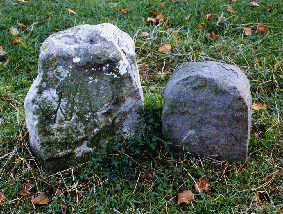 two large rocks in grass near one another