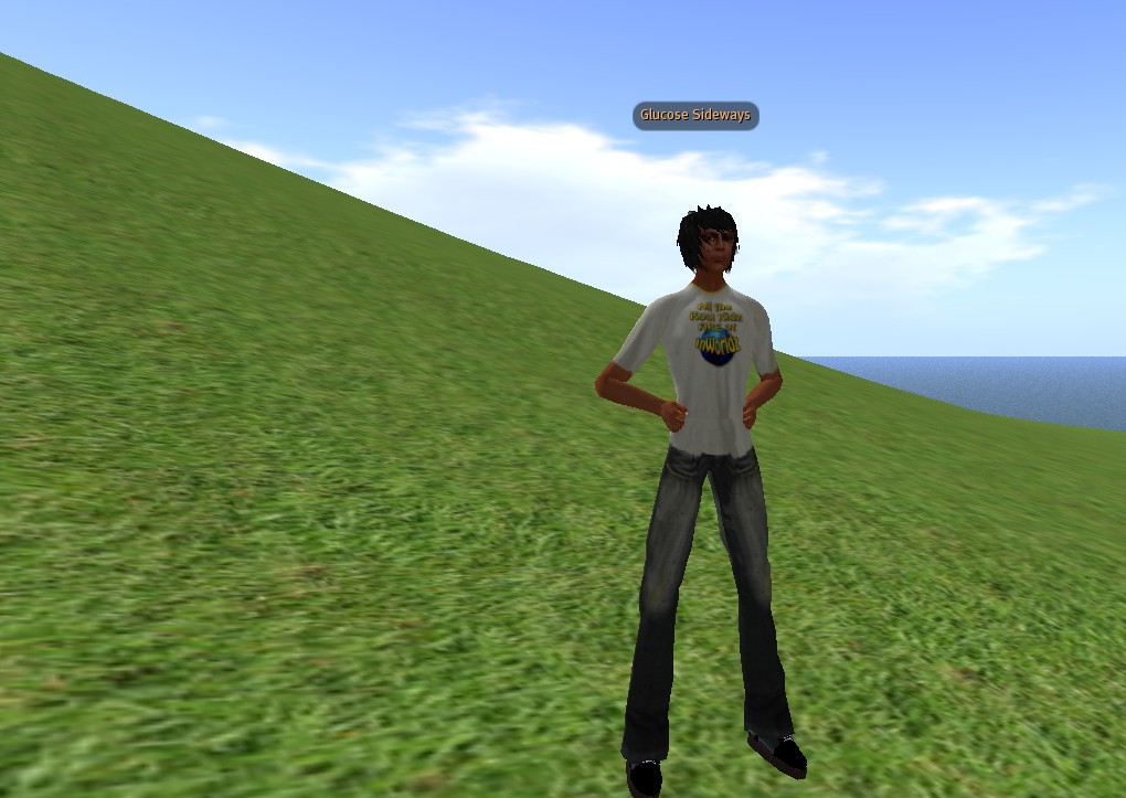 a computer generated image of a young man standing on grass in the background