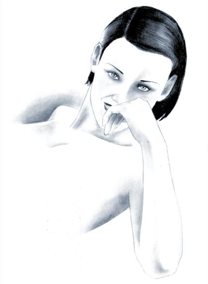 a drawing of a woman in black and white