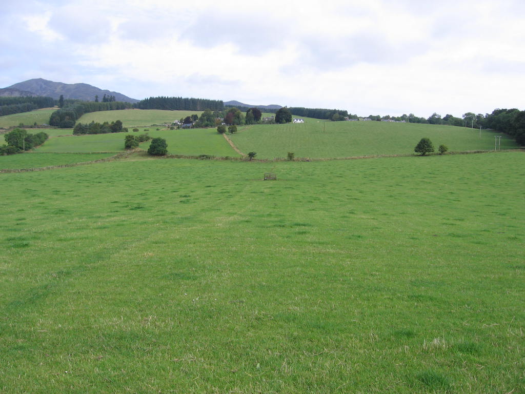 a green field with rolling hills and a blue sky