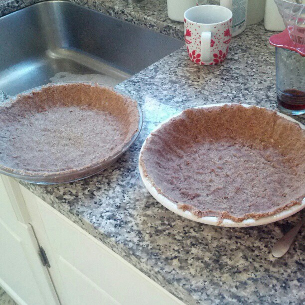 two pie tins on a counter top in front of a sink