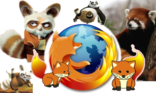 red panda, orange panda and other cartoon animals in front of the firefox logo