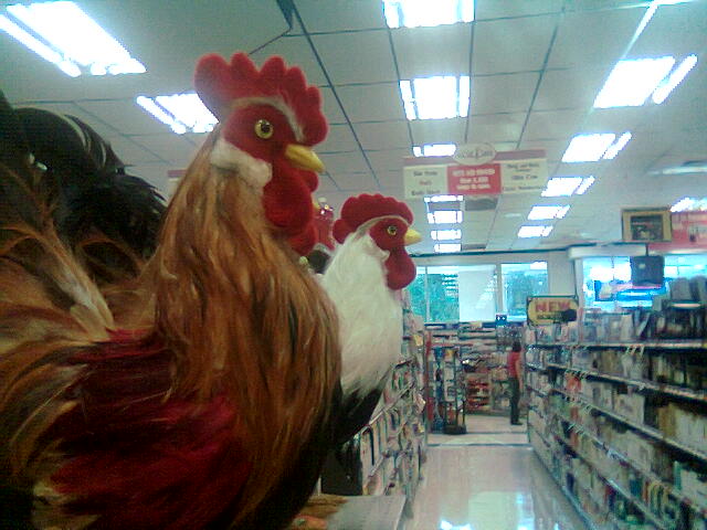 a chicken statue is on display at a grocery store