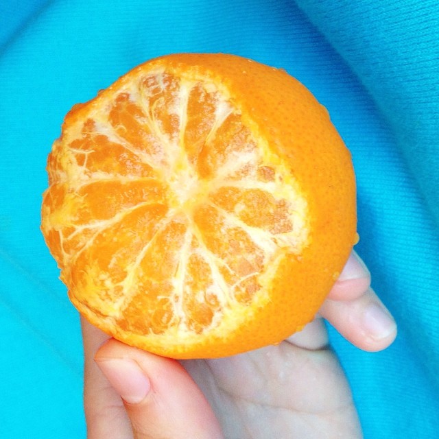 a person holding an orange half in their hand