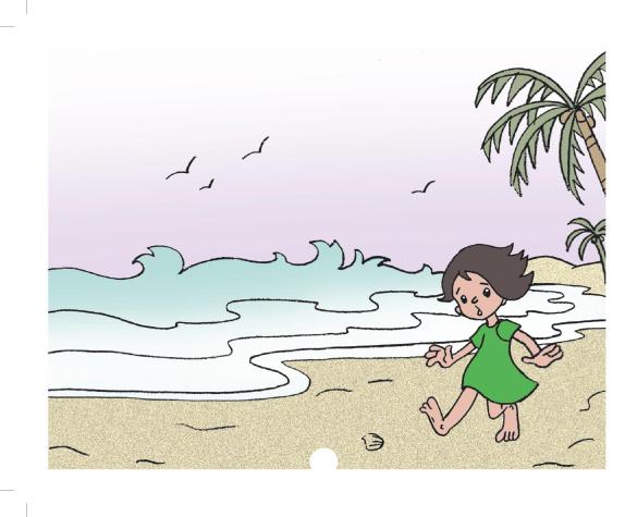 a cartoon girl running on the beach toward a palm tree