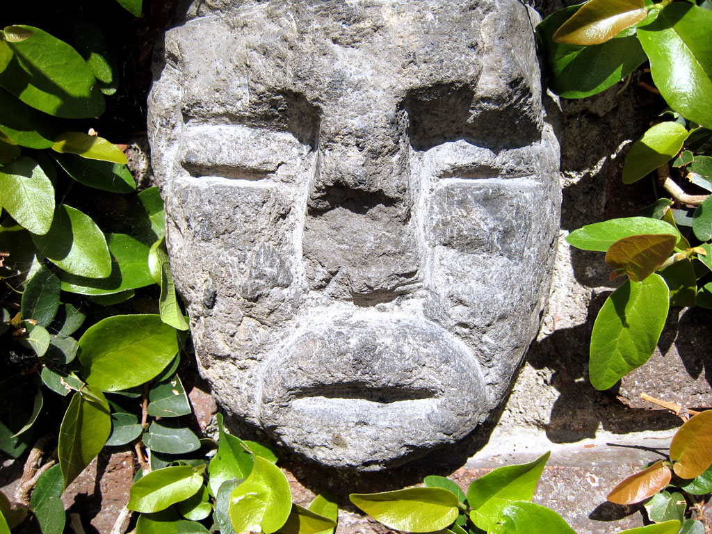 a stone mask laying among foliage and plants
