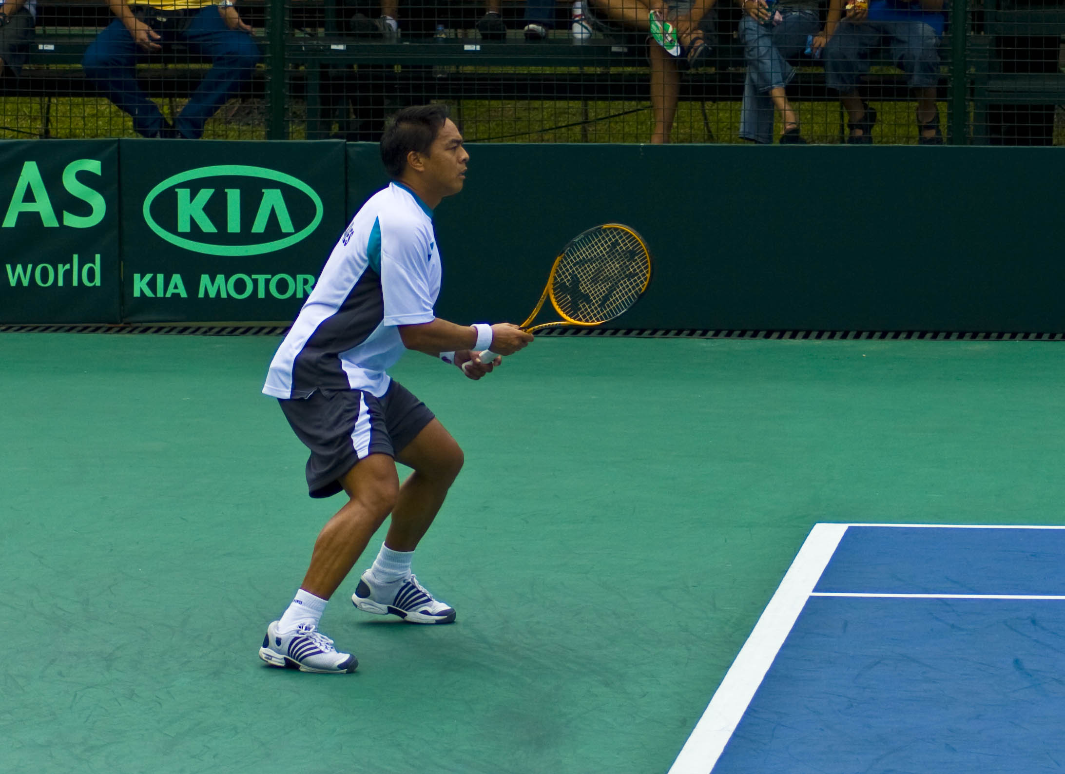 tennis player on court preparing to swing at ball