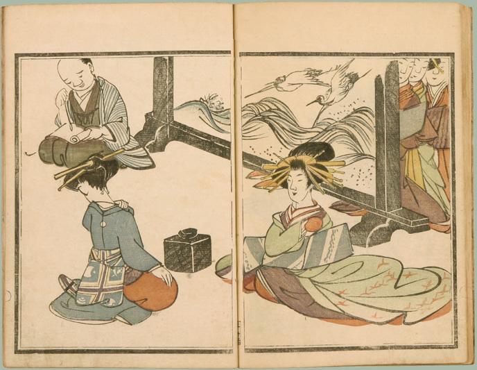 an open book shows drawings of two women, one in an oriental dress