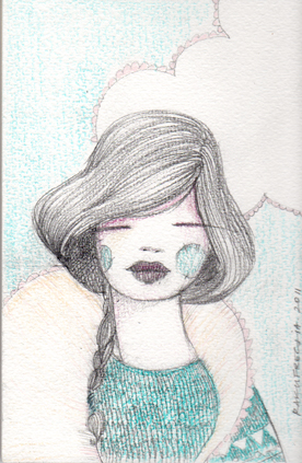 a drawing of a girl with long hair and blue dress