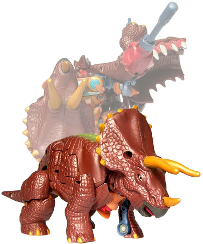 a toy dinosaur with an elaborate weapon on it